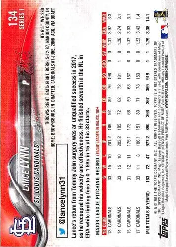 2018 Topps #134 Lance Lynn NM Near Mint Cardinals - Baseball Card Single