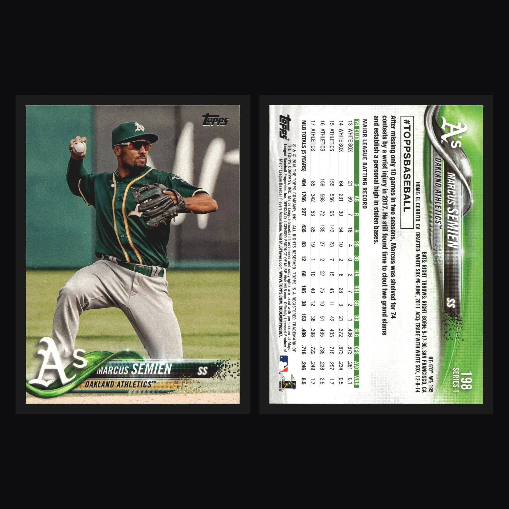 2018 Topps #198 Marcus Semien Oakland Athletics - Baseball Card Single