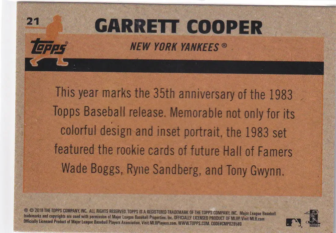 2018 TOPPS #21 GARRETT COOPER MOJO- NEW YORK YANKEES - Baseball Card Single