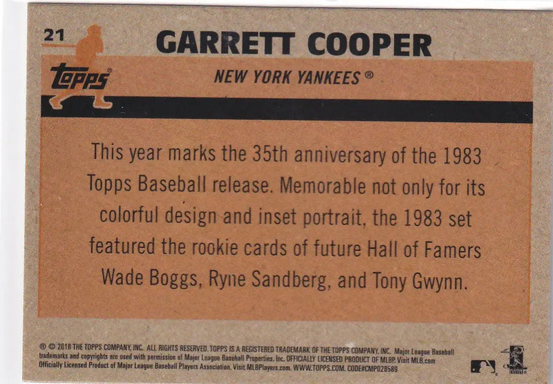 2018 TOPPS #21 GARRETT COOPER MOJO- NEW YORK YANKEES - Baseball Card Single