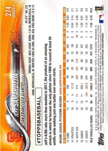 2018 Topps #274 Jeff Samardzija EX/NM Giants - Baseball Card Single