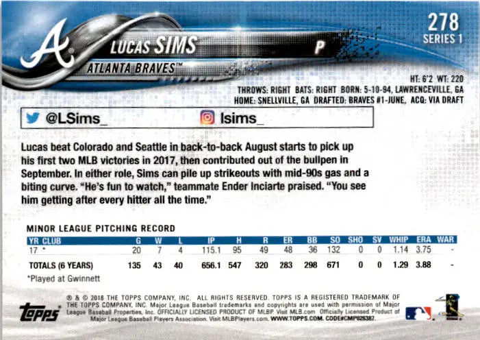2018 Topps #278 Lucas Sims - Baseball Card Single