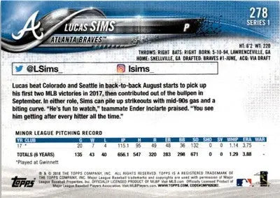 2018 Topps #278 Lucas Sims - Baseball Card Single
