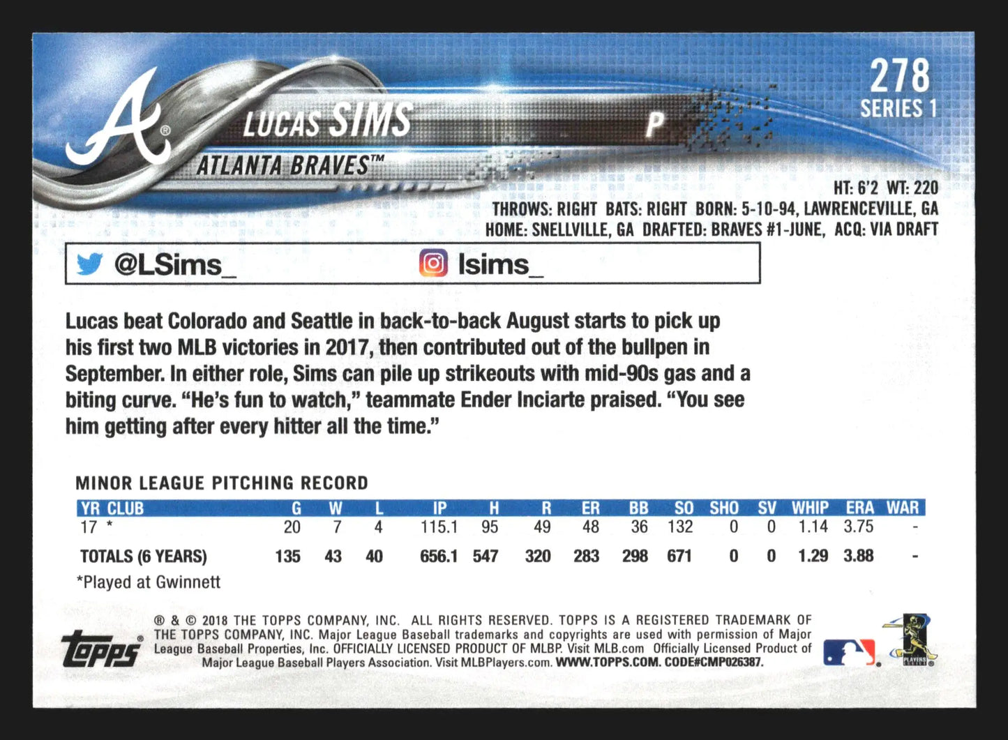 2018 Topps #278 Lucas Sims Braves RC - Baseball Card Single