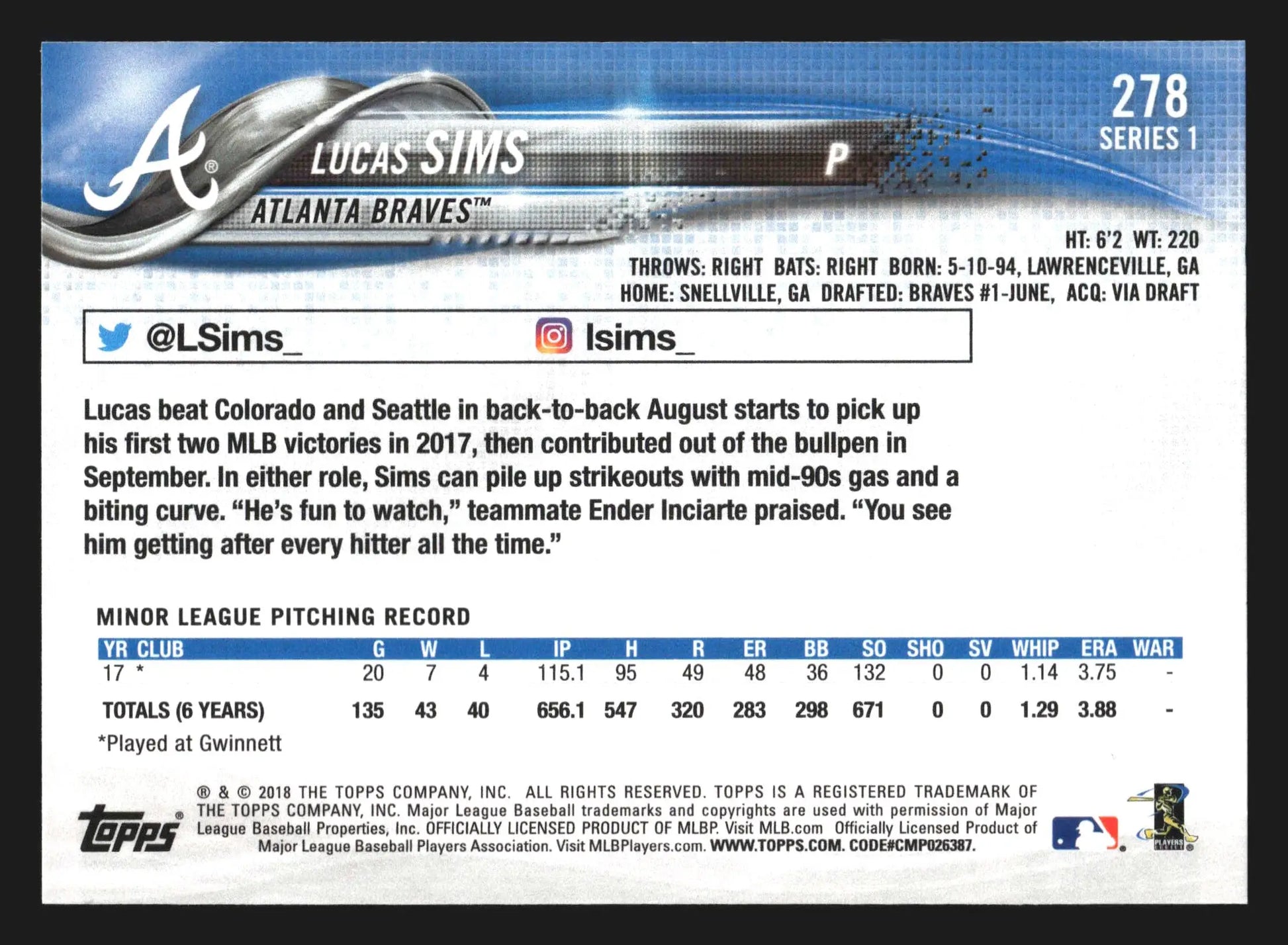 2018 Topps #278 Lucas Sims Braves RC - Baseball Card Single