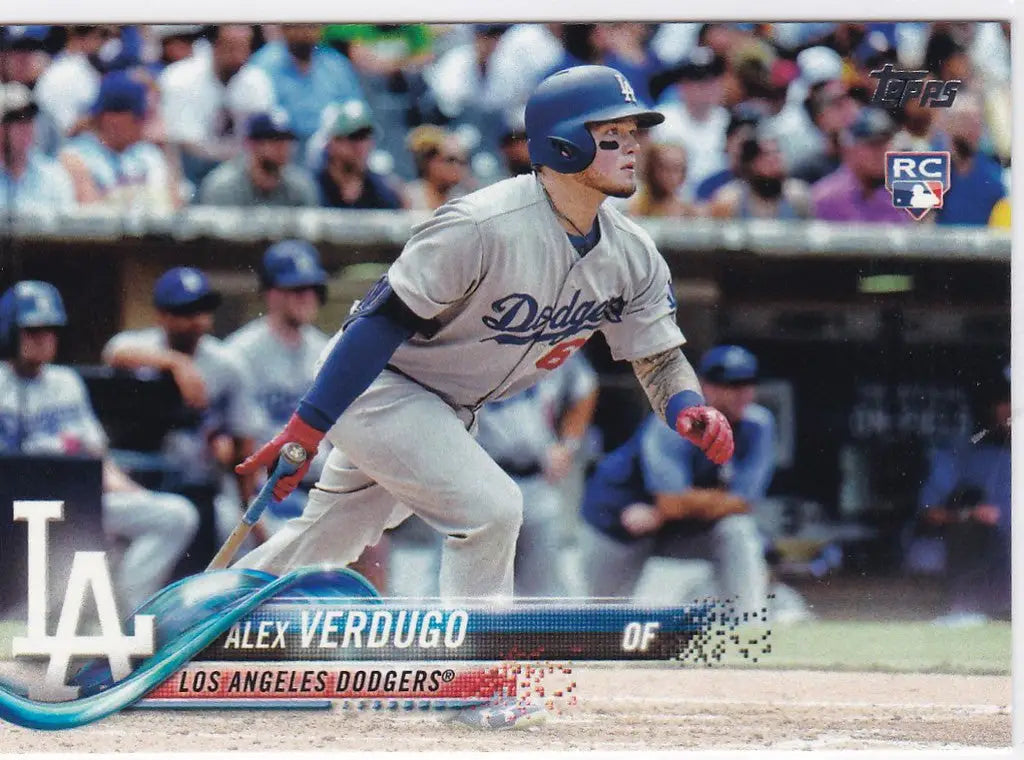 Baseball player Alex Verdugo swings bat in Los Angeles Dodgers uniform, 2018 Topps RC