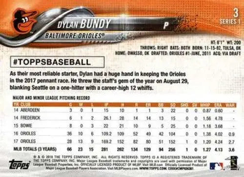 2018 Topps #3 Dylan Bundy NMMT Orioles - Baseball Card Single