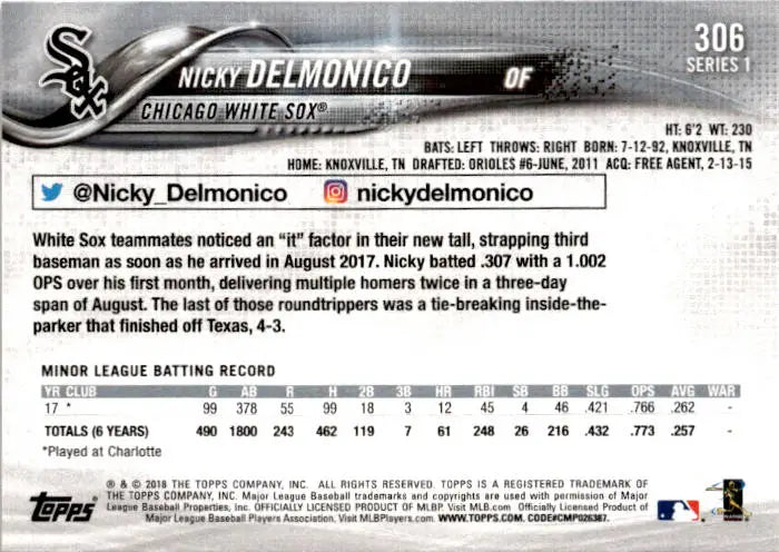 2018 Topps #306 Nicky Delmonico - Baseball Card Single