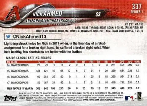 2018 Topps #337 Nick Ahmed NM-MT Diamondbacks - Baseball Card Single