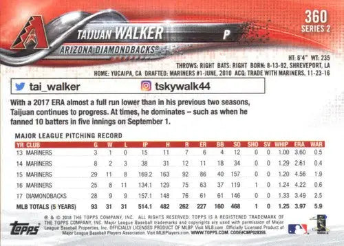 Original gloss Taijuan Walker baseball card 2018 Topps #360 Taijuan Walker NM-MT