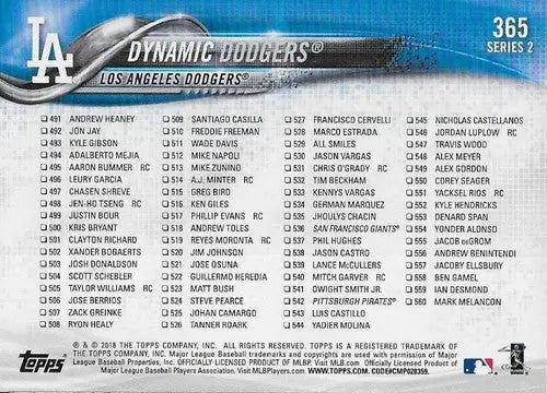 Baseball card checklist for 2018 Topps Los Angeles Dodgers 365A NM-MT card