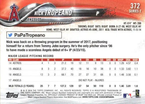 2018 Topps #372 Nick Tropeano NM-MT Angels - Baseball Card Single