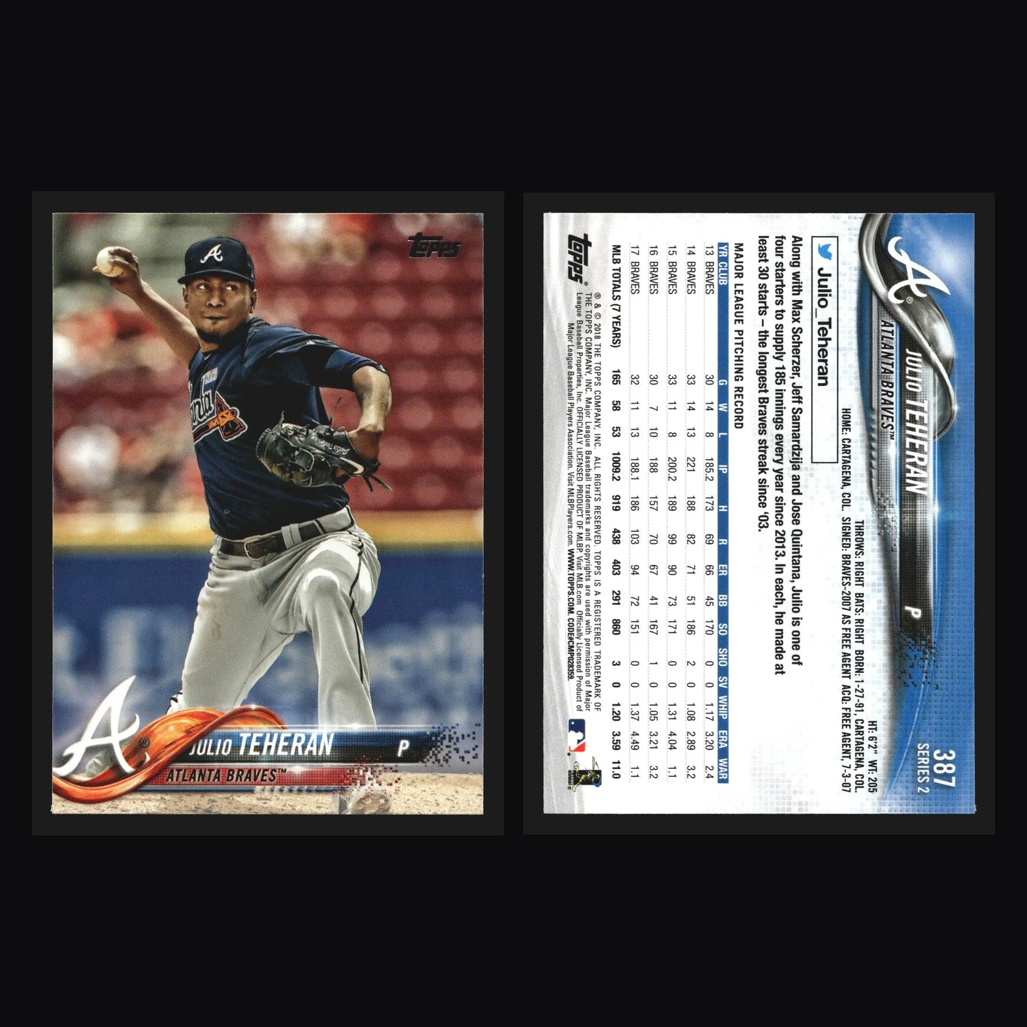 2018 Topps #387 Julio Teheran Braves - Baseball Card Single