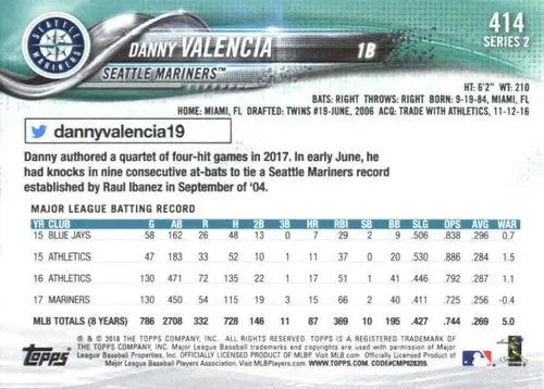 Danny Valencia baseball card with original gloss from 2018 Topps #414 NM-MT Mariners