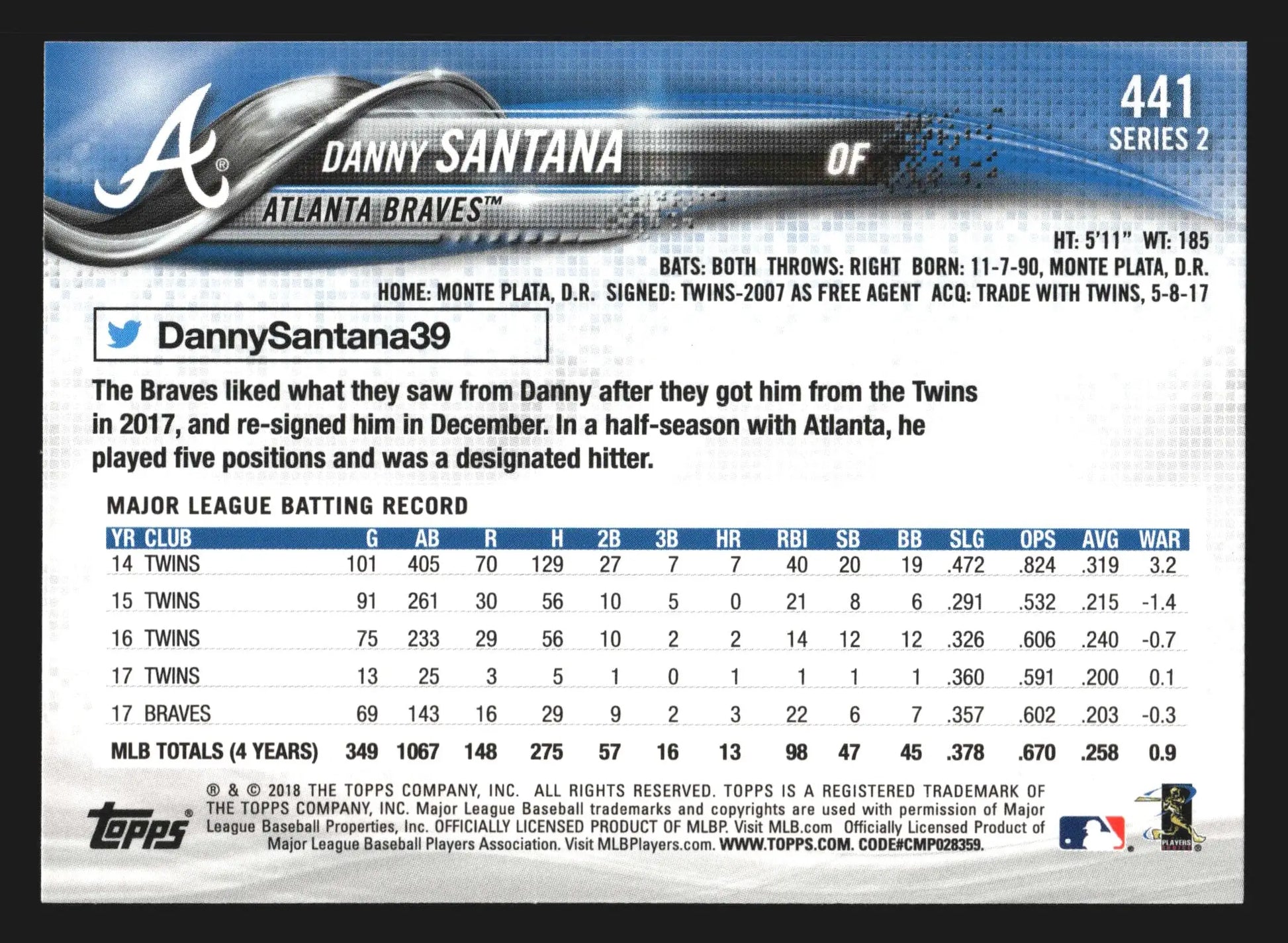 2018 Topps #441 Danny Santana Braves - Baseball Card Single