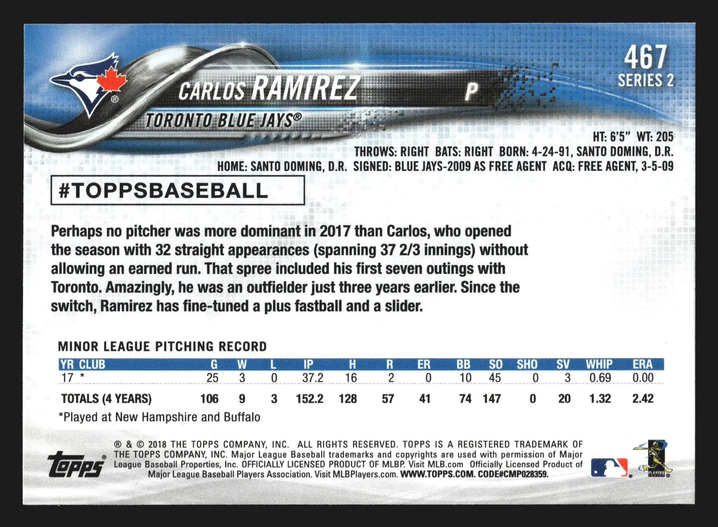 2018 Topps #467 Carlos Ramirez Toronto Blue Jays RC
