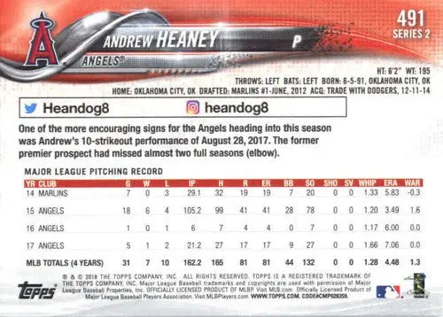2018 Topps #491 Andrew Heaney NM-MT Angels - Baseball Card Single