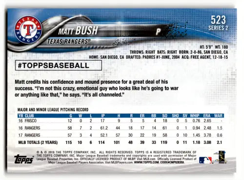 Matt Bush baseball card with original gloss from 2018 Topps #523 Rangers collection