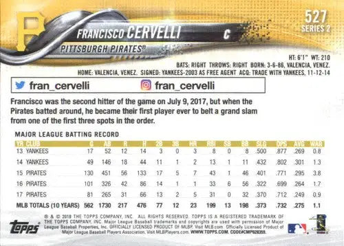 2018 Topps #527 Francisco Cervelli NM-MT Pirates ID:59097 - Baseball Card Single