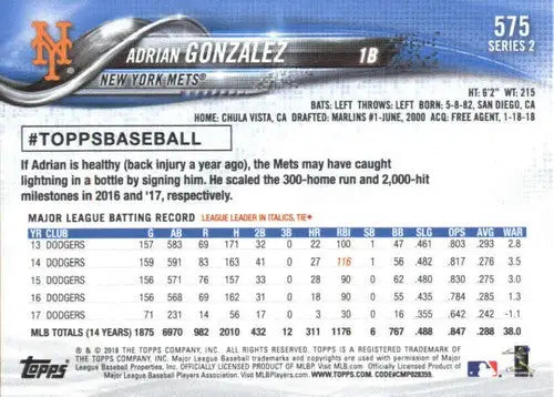 Baseball card back with original gloss for 2018 Topps #575 Adrian Gonzalez NM-MT Mets