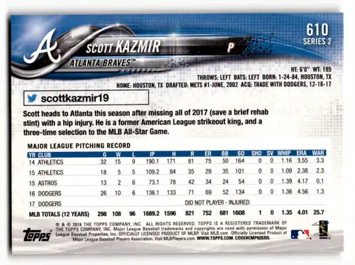 Original gloss Scott Kazmir baseball card from 2018 Topps #610 featuring Simply Sandoval