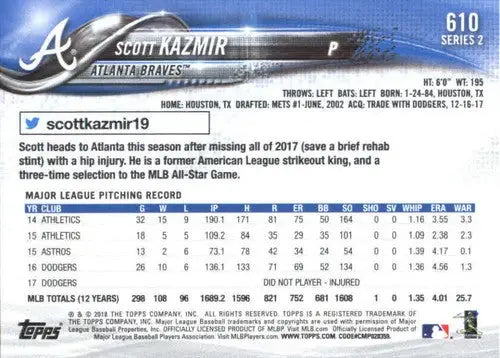 2018 Topps Scott Kazmir baseball card with original gloss, Scott Kazmir NM-MT Braves