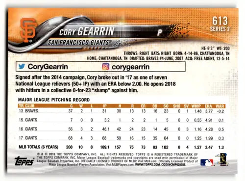 Original gloss Cory Gearrin baseball card from 2018 Topps NI near mint Giants