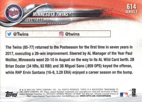 Baseball card back featuring Minnesota Twins simply Sandoval with original gloss from 2018 Topps