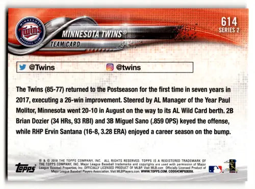 Minnesota Twins baseball card featuring Simply Sandoval from 2018 Topps #614 with original gloss