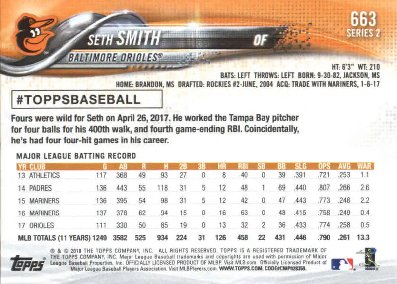 2018 Topps #663 Seth Smith NM-MT Orioles ID:13890 - Baseball Card Single