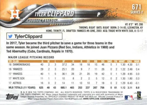 2018 Topps Tyler Clippard NM-MT baseball card back with original gloss Astros ID 59102