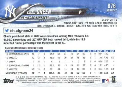 Original gloss 2018 Topps Chad Green baseball card NM-MT Yankees ID 59092