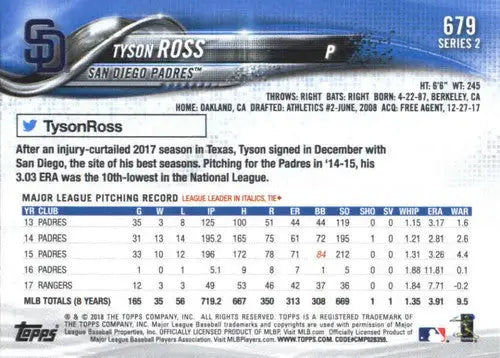 Back of 2018 Topps #679 Tyson Ross Padres sports card with original gloss finish