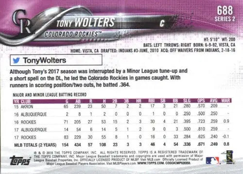 2018 Topps #688 Tony Wolters NM-MT Rockies - Baseball Card Single