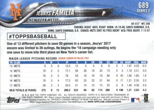 Original gloss Jeurys Familia baseball card 2018 Topps NM-MT Mets ID 59099