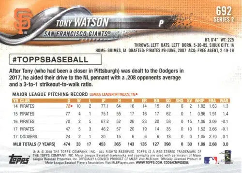 Tony Watson baseball card with original gloss, 2018 Topps #692 Tony Watson NM-MT Giants