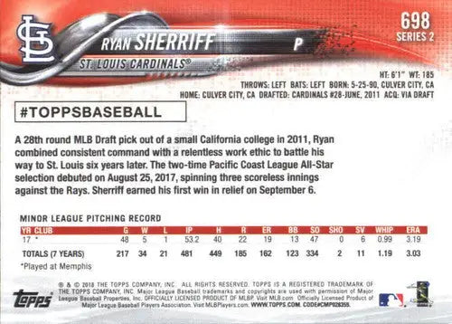 Original gloss 2018 Topps #698A Ryan Sherriff rookie baseball card featuring 698a Ryan Sherriff