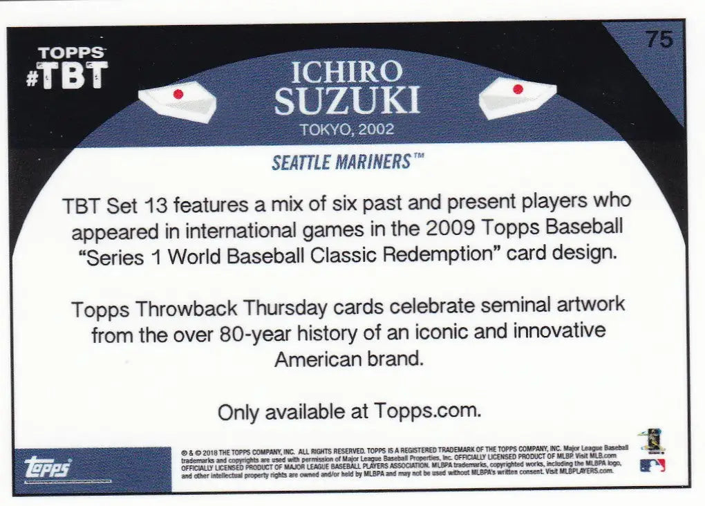 2018 TOPPS #75 ICHIRO SUZUKI THROW BACK THURSDAY- SEATTLE MARINERS - Baseball Card Single