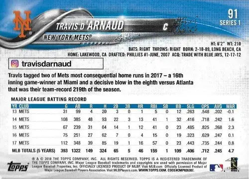 2018 Topps #91 Travis d’Arnaud NM-MT Mets - Baseball Card Single