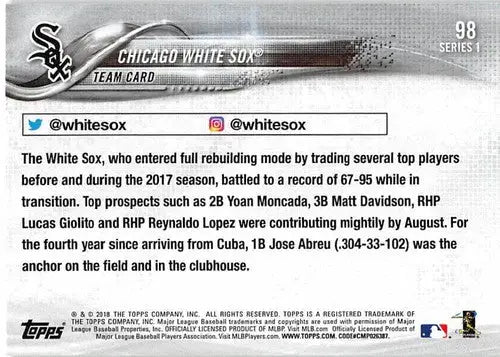 2018 Topps Series 1 Chicago White Sox baseball team card for 2018 Topps #98 product