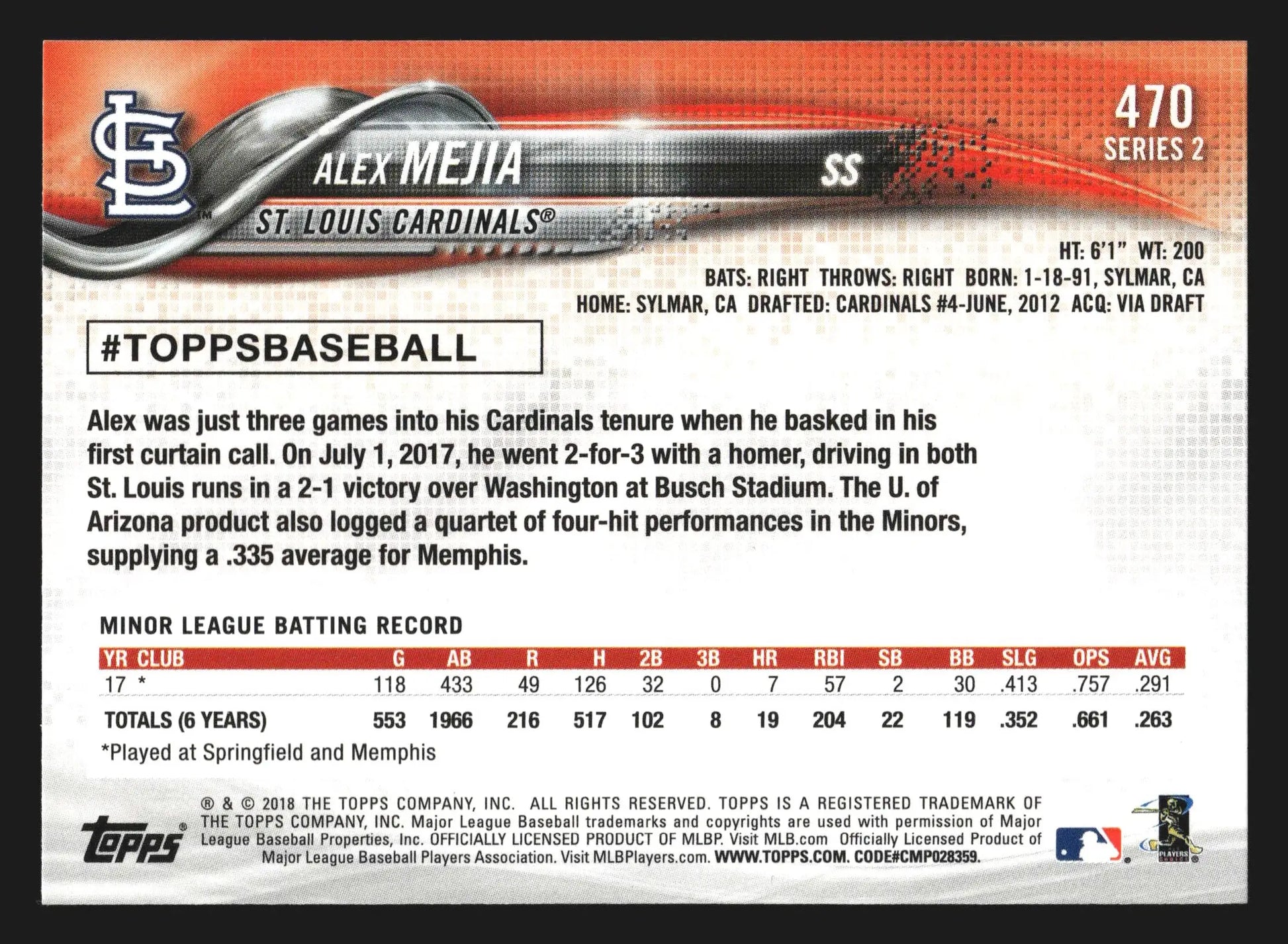 2018 Topps Alex Mejia #470 RC St. Louis Cardinals - Baseball Card Single