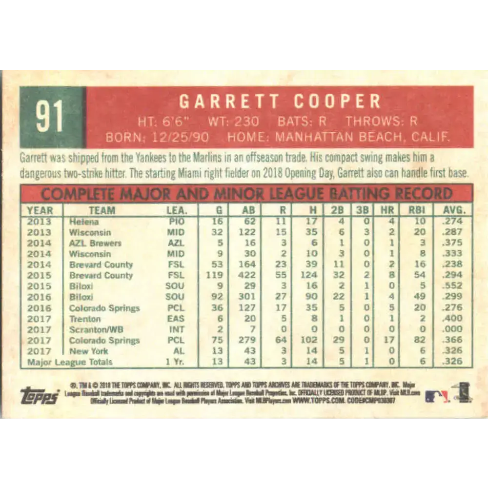 2018 Topps Archives #91 Garrett Cooper NM-MT RC Rookie Miami Marlins Baseball Card - Baseball Card Single