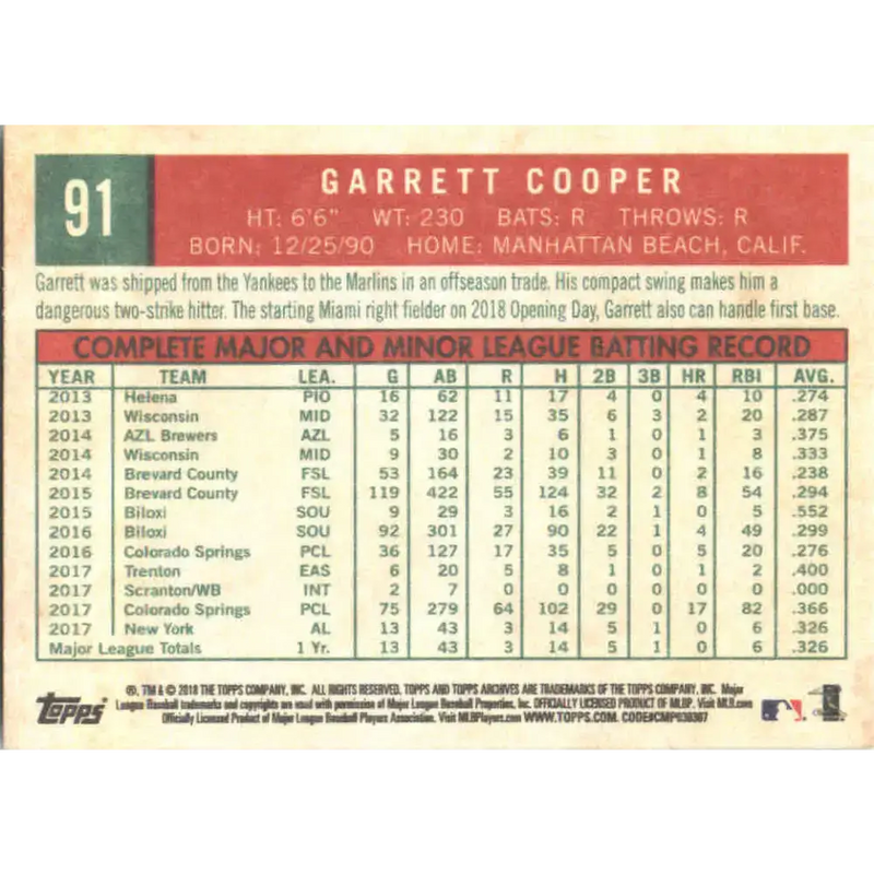 2018 Topps Archives #91 Garrett Cooper NM-MT RC Rookie Miami Marlins Baseball Card - Baseball Card Single