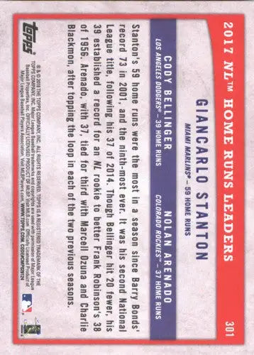 Baseball card back with original gloss from Topps Big League 2018 featuring Giancarlo Stanton, Nolan Arenado, Cody Bellinger