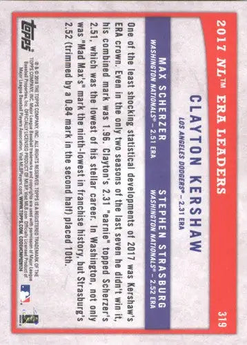 2018 Topps Big League #319 Stephen Strasburg/Max Scherzer/Clayton Kershaw NM-MT - Baseball Card Single