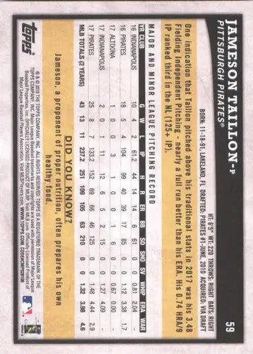2018 Topps Big League #59 Jameson Taillon NM-MT Pirates - Baseball Card Single