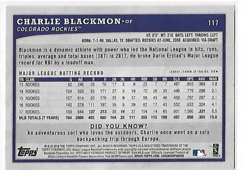 Back of 2018 Topps Big League Blue Charlie Blackmon Rockies trading card alt text