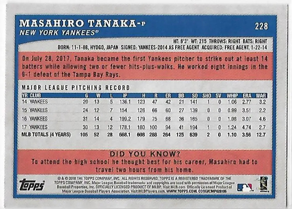 2018 Topps Big League Blue #228 Masahiro Tanaka NM-MT Yankees ID:14293 - Baseball Card Single