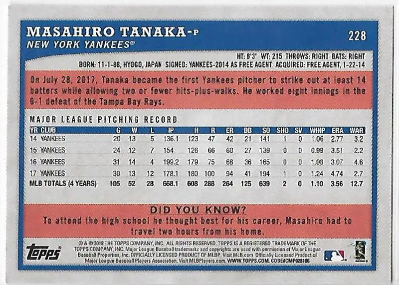 2018 Topps Big League Blue #228 Masahiro Tanaka NM-MT Yankees ID:14293 - Baseball Card Single