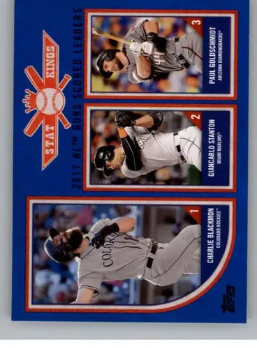 Baseball card featuring 2017 NL runs scored leaders Paul Goldschmidt Giancarlo Stanton Charlie Black from Topps Big League Blue